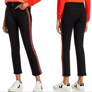 MOTHER Black Cropped Jeans with Red Heart-Trim Side Stripe